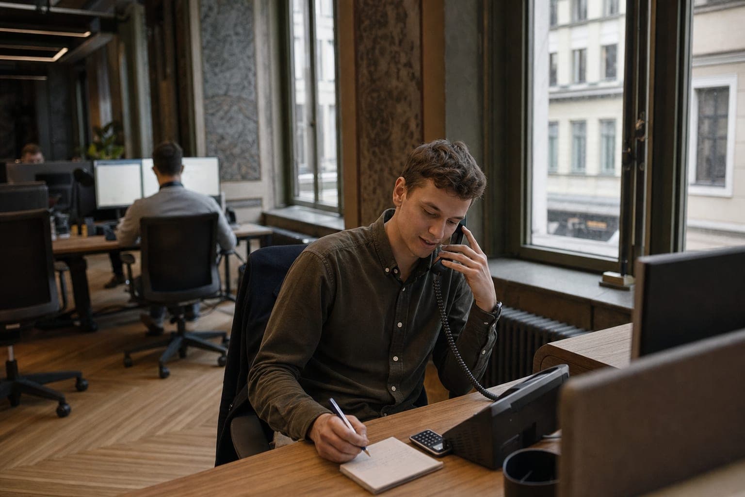 Recruiter im Büro am Telefon, daneben Notizblock und Tischapparat