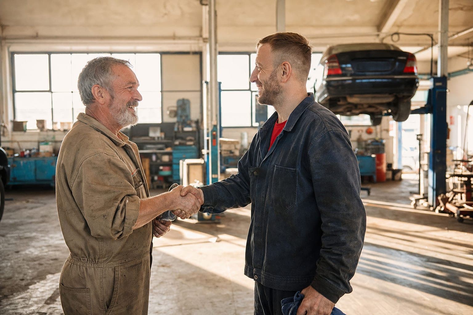 Handschlag zwischen zwei Handwerkern in der Werkstatt